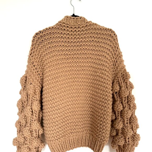 Caramel Handmade Knit Cardigan with Pom-Pom Sleeves, One Size - Picture 3 of 4
